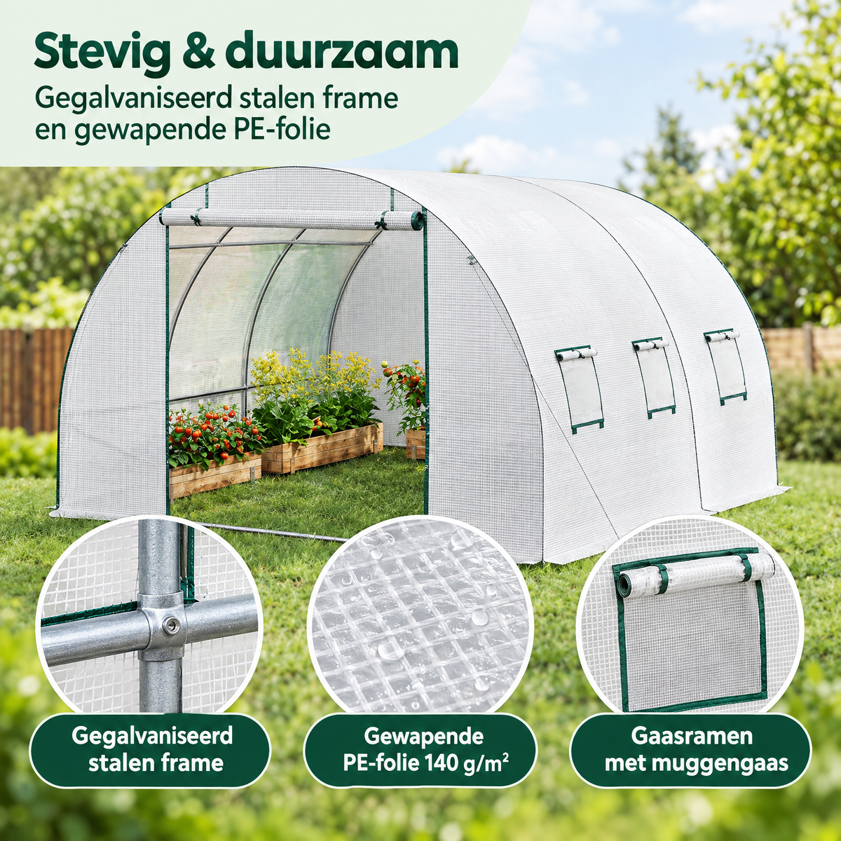 Detail van materiaal en afwerking van foliekas