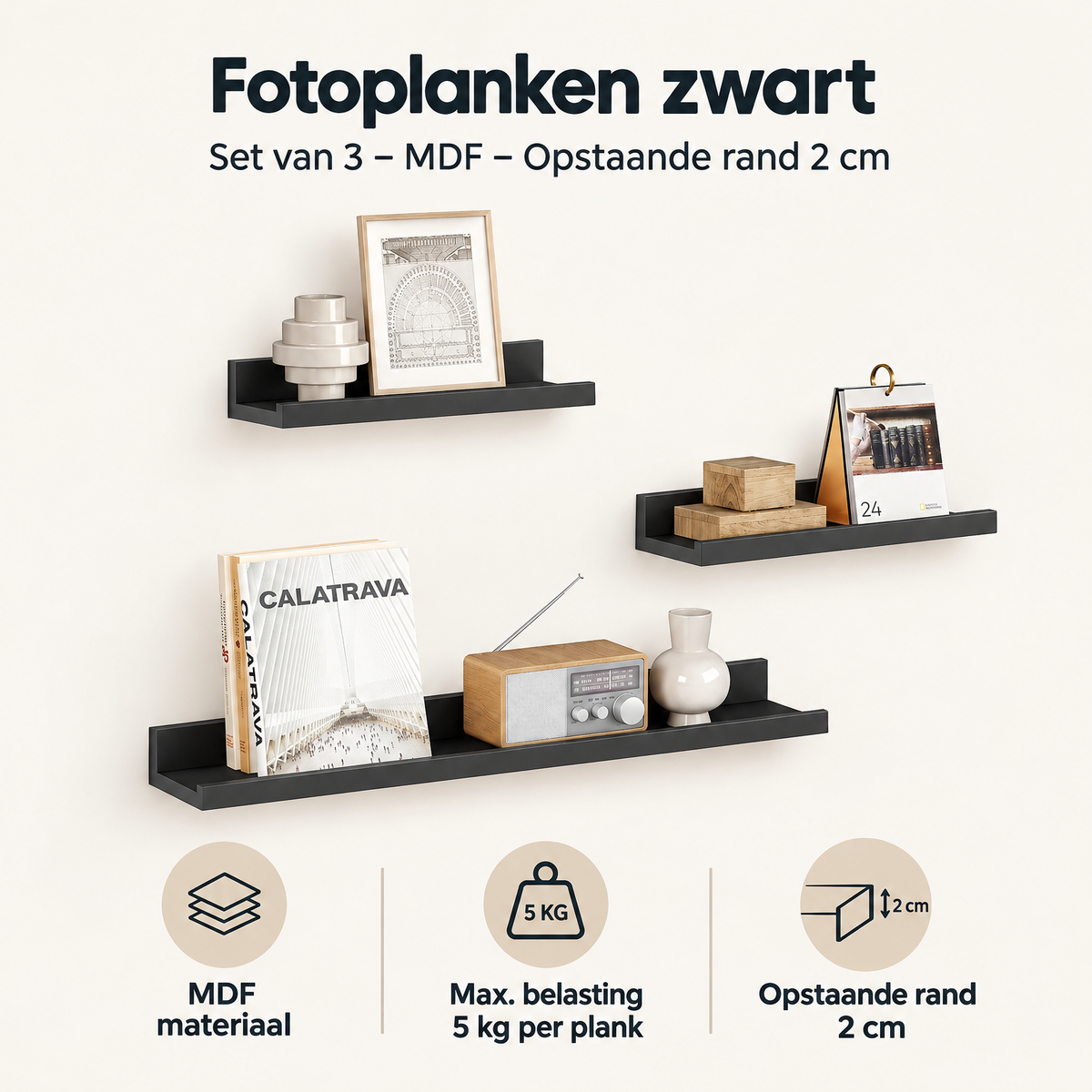 Overzicht van fotoplanken zwart met de belangrijkste productvoordelen