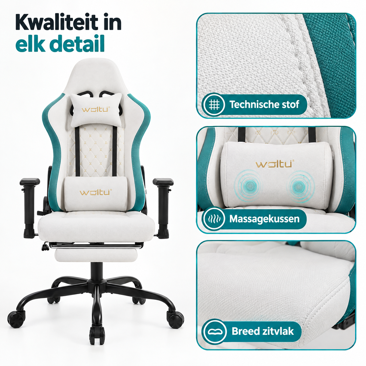 Detail van materiaal en afwerking van gamestoel met voetensteun