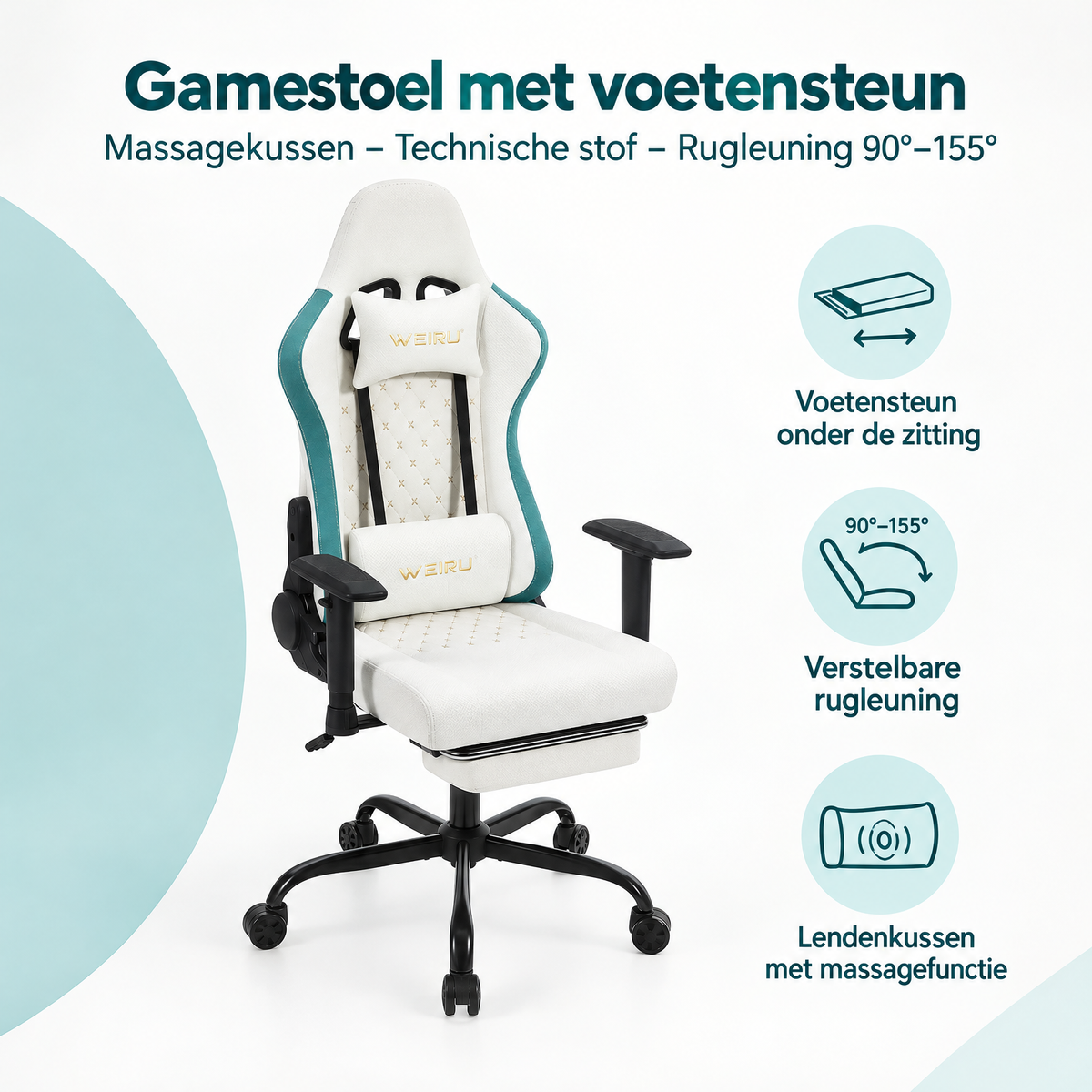 Overzicht van gamestoel met voetensteun met de belangrijkste productvoordelen