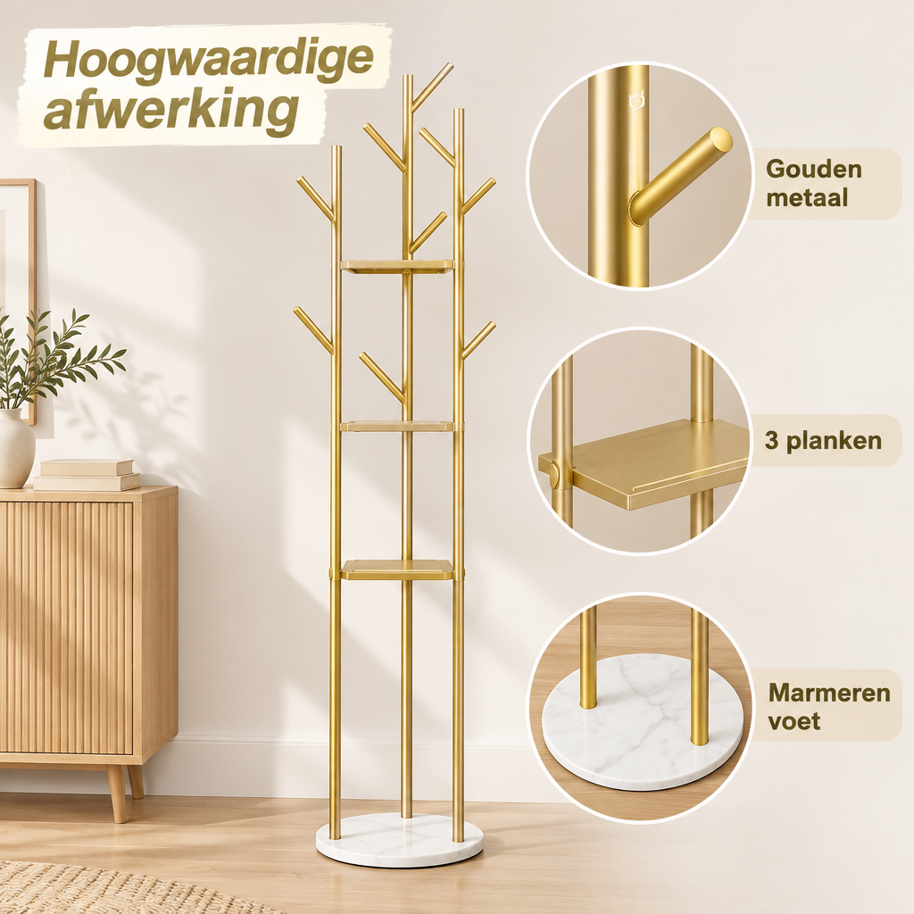 Detail van materiaal en afwerking van gouden staande kapstok