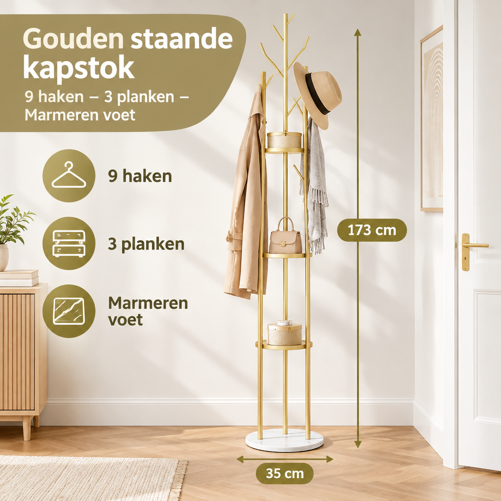 Afmetingen en productspecificaties van gouden staande kapstok