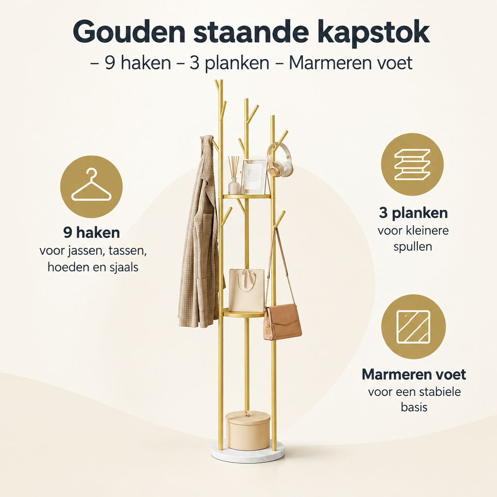 Overzicht van gouden staande kapstok met de belangrijkste productvoordelen