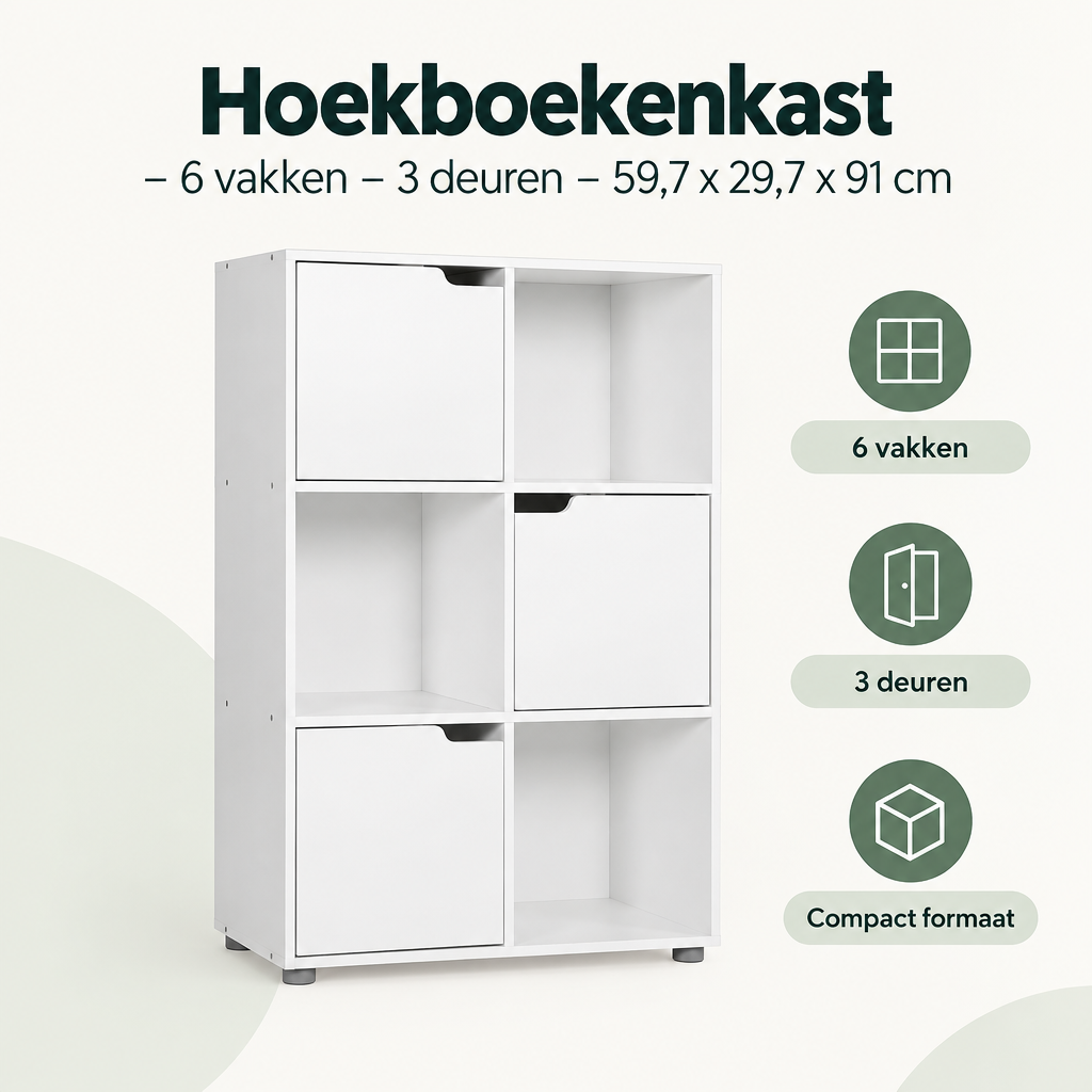 Overzicht van hoekboekenkast met de belangrijkste productvoordelen