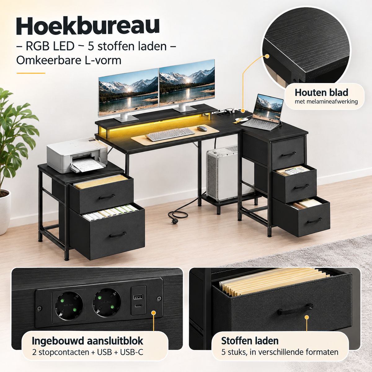 Detail van materiaal en afwerking van hoekbureau