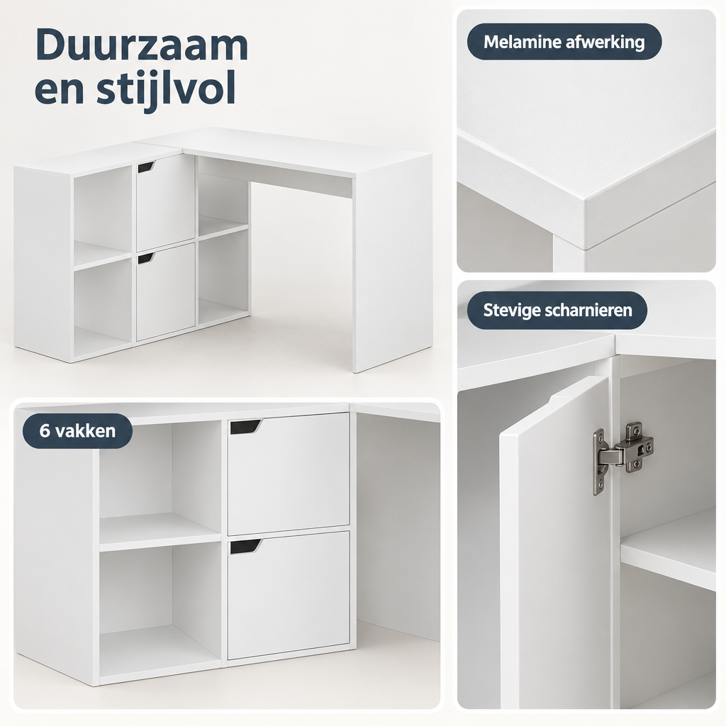 Detail van materiaal en afwerking van hoekbureau met opbergruimte