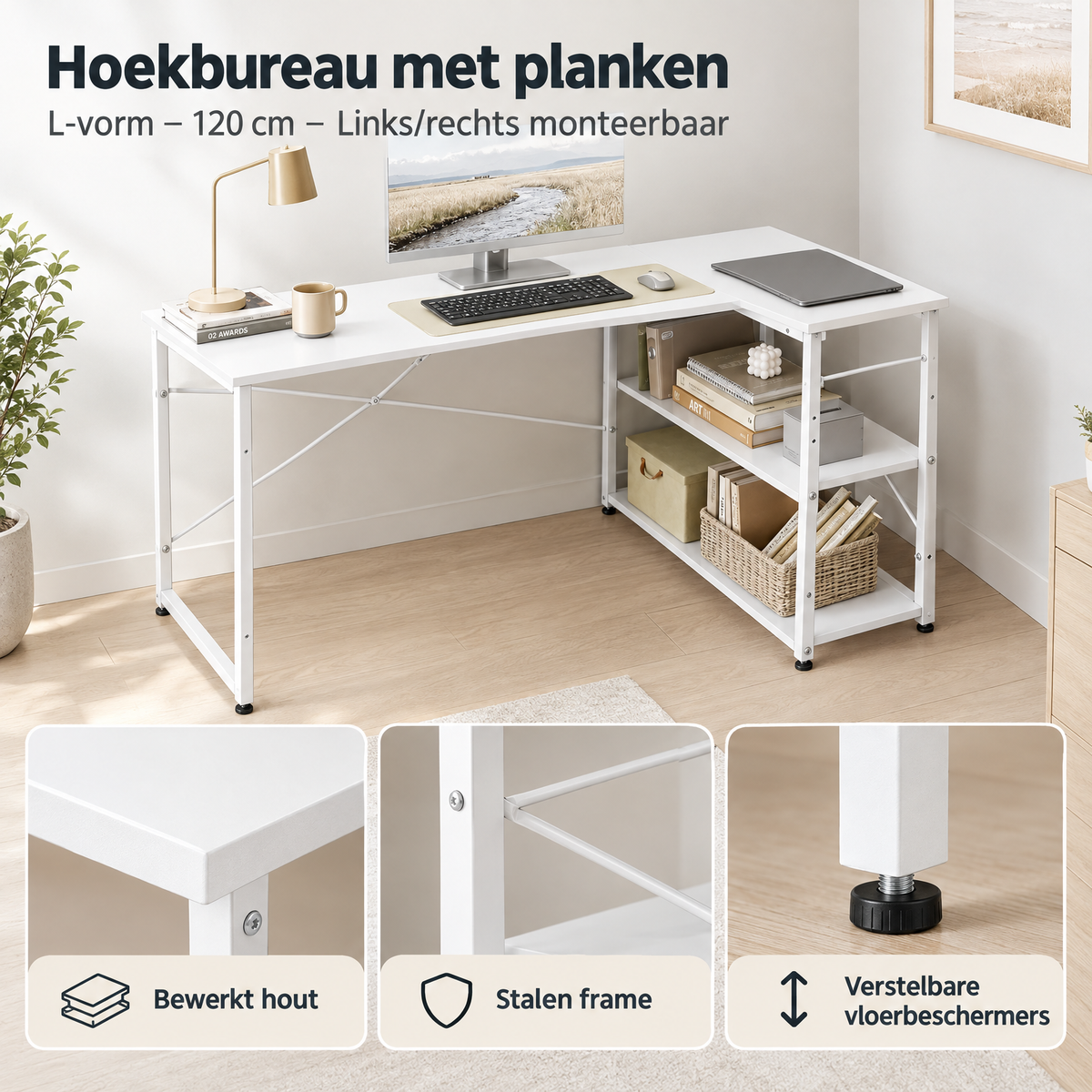 Detail van materiaal en afwerking van hoekbureau met planken