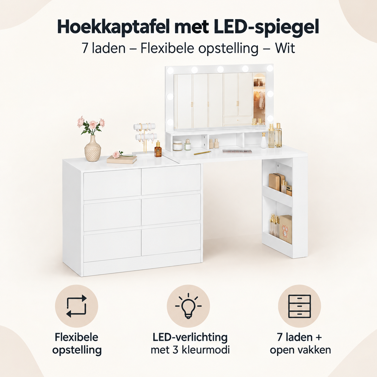 Overzicht van hoekkaptafel met LED-spiegel met de belangrijkste productvoordelen