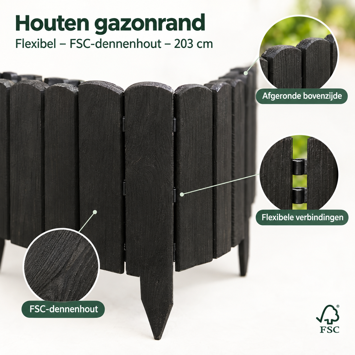 Flexibele houten gazonrand van FSC-dennenhout, 203 cm lang, voor een nette afscheiding van het gazon.