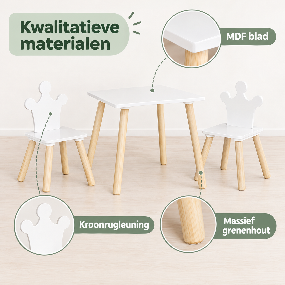 Houten kindertafelset met 2 witte stoelen en kroonrugleuningen, 50x50 cm, voor kinderen, door BukkitBow