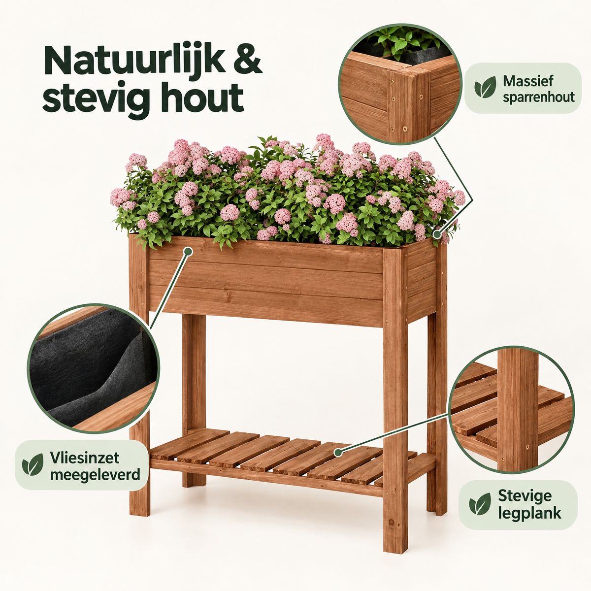 Detail van materiaal en afwerking van houten kweektafel