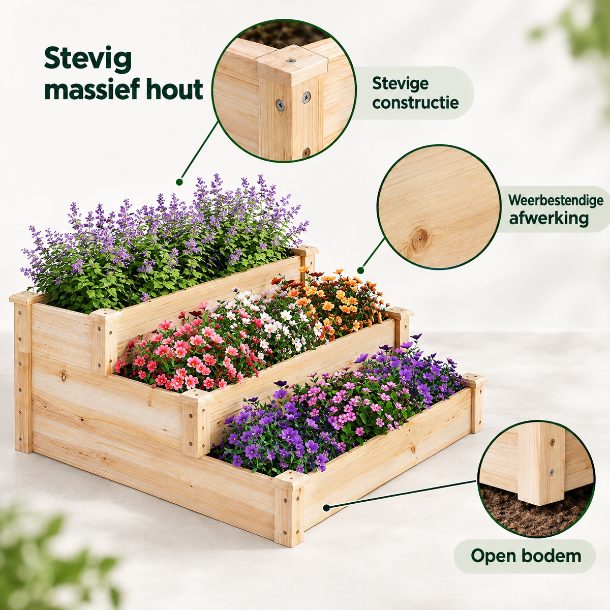 Detail van materiaal en afwerking van houten moestuinbak