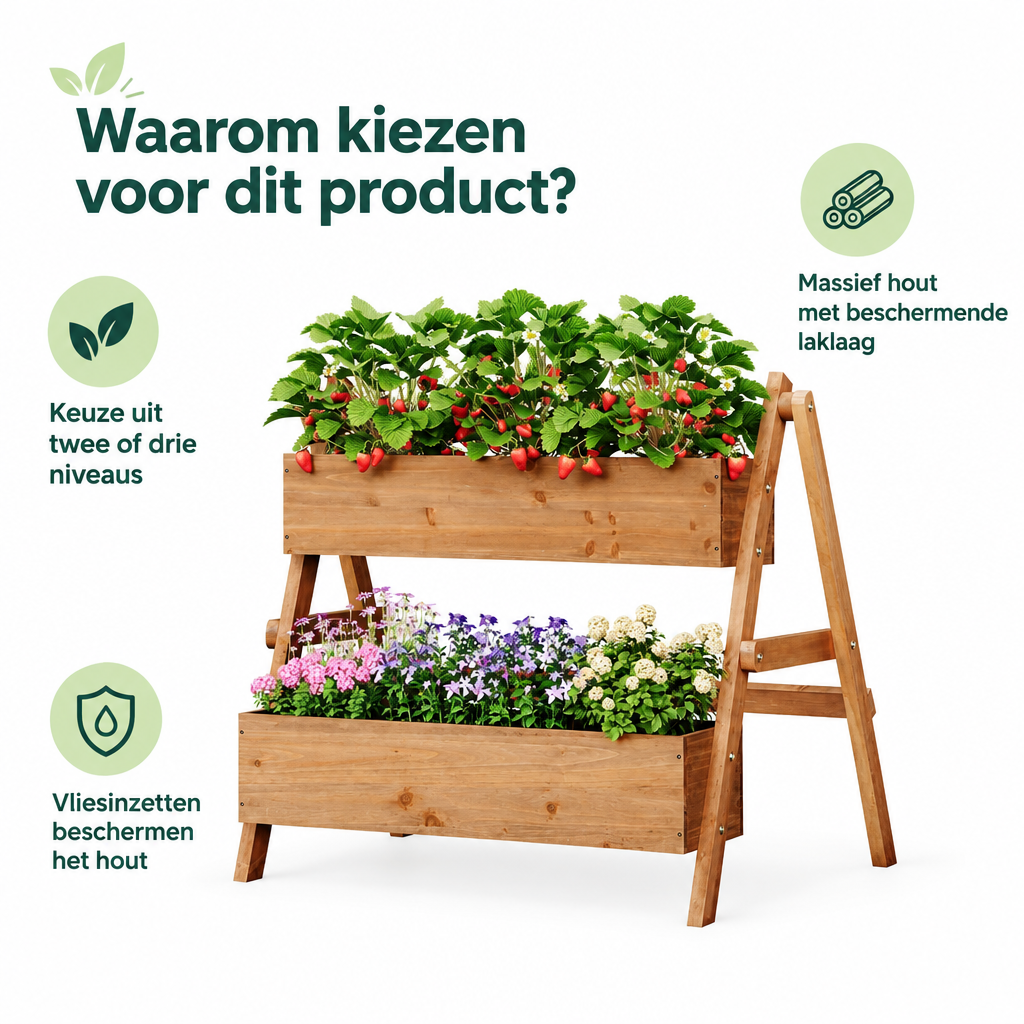 Houten plantenbak op poten met 2 of 3 niveaus van massief hout, 80 cm breed, geschikt voor binnen en buiten.