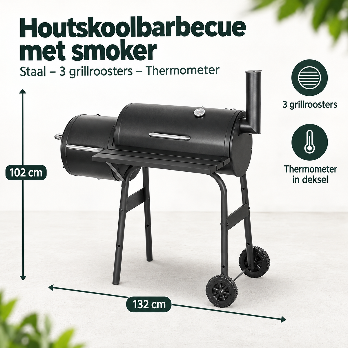 Afmetingen en productspecificaties van houtskoolbarbecue met smoker
