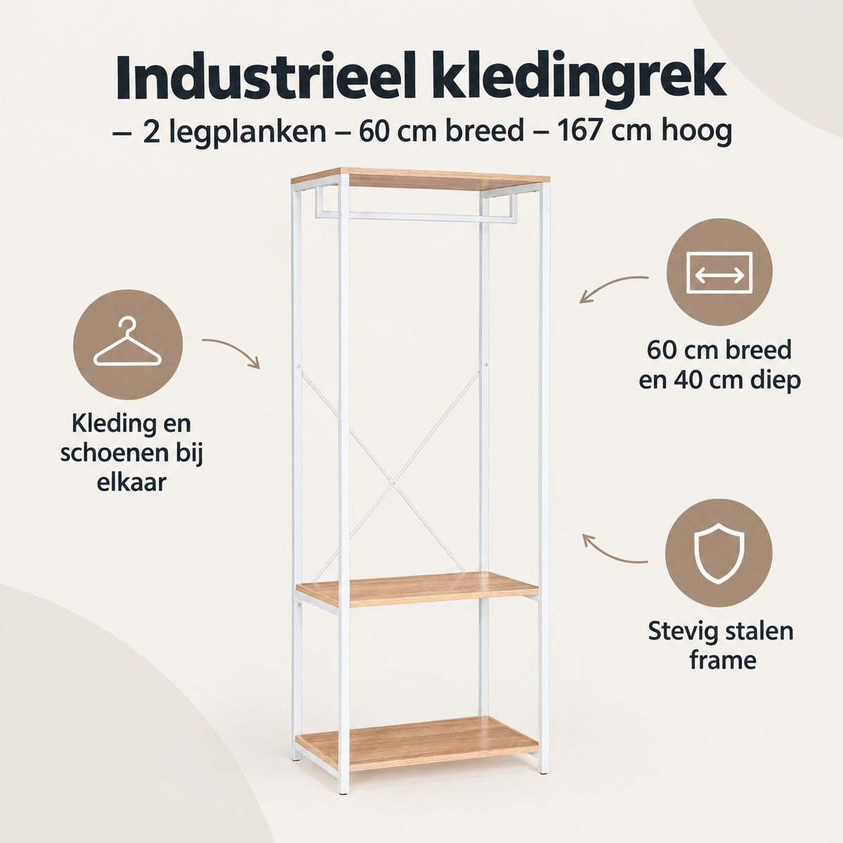 Overzicht van industrieel kledingrek met de belangrijkste productvoordelen