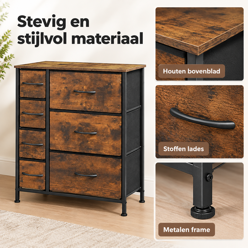 Detail van materiaal en afwerking van industriële ladekast