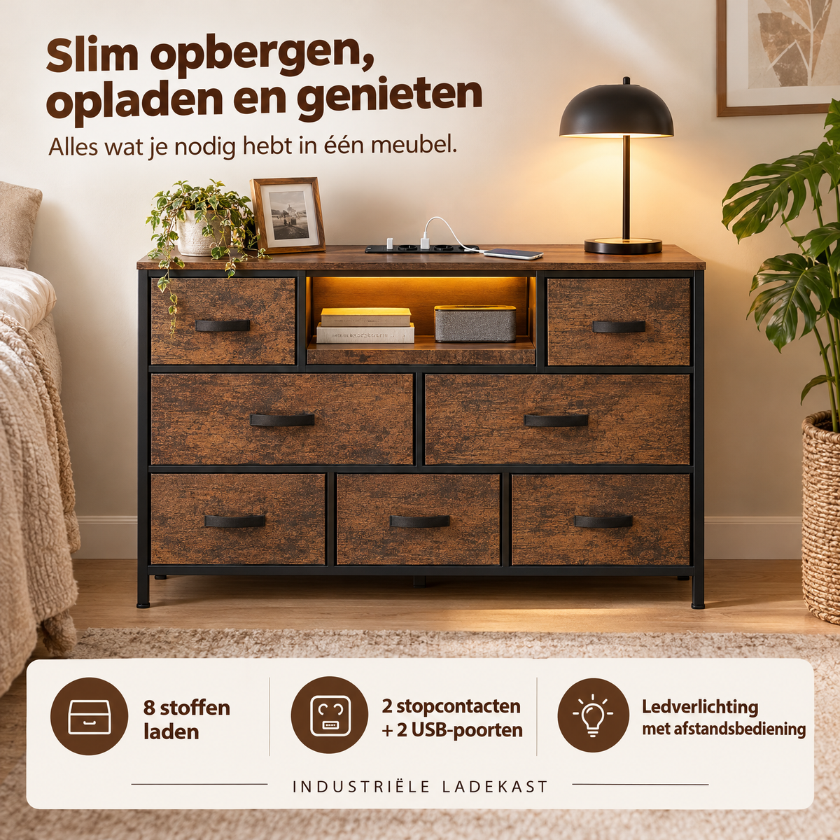 Industriële ladekast van BukkitBow met 8 stoffen laden, 120 cm breed, inclusief stopcontacten en ledverlichting.