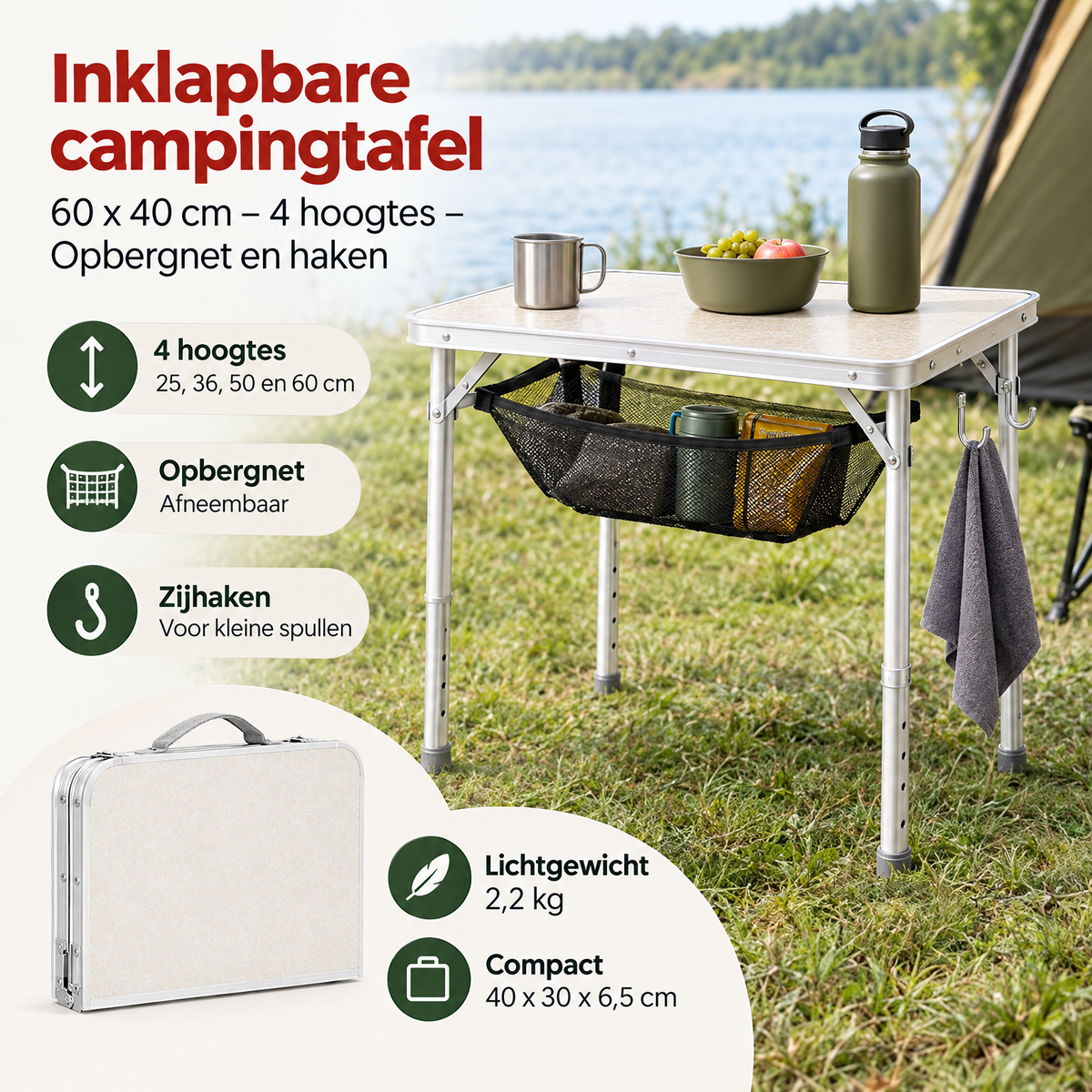 Inklapbare Campingtafel van BukkitBow, 60x40 cm, met opbergnet, haken en 4 hoogtes voor gemak tijdens kampeeractiviteiten.