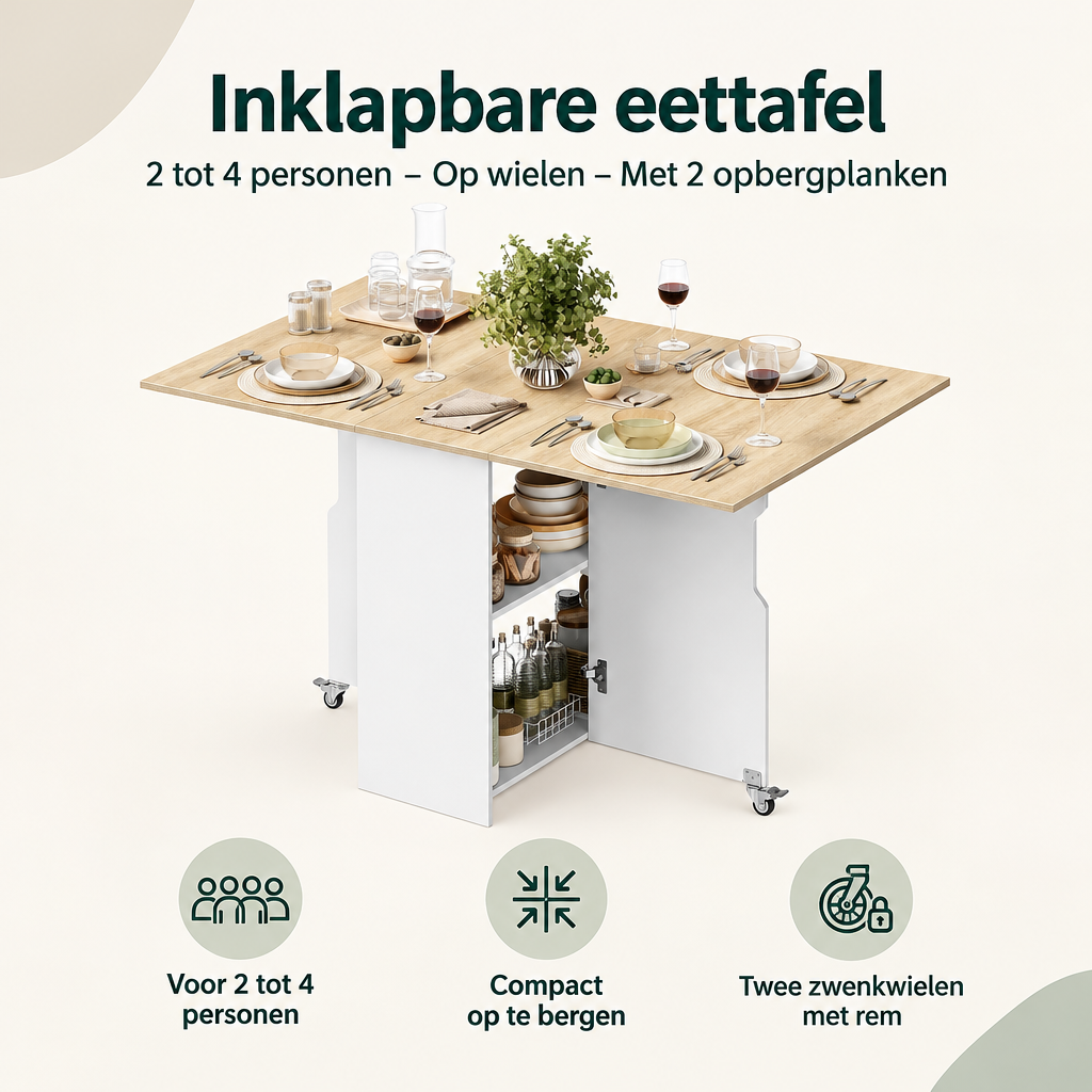 Overzicht van inklapbare eettafel met de belangrijkste productvoordelen
