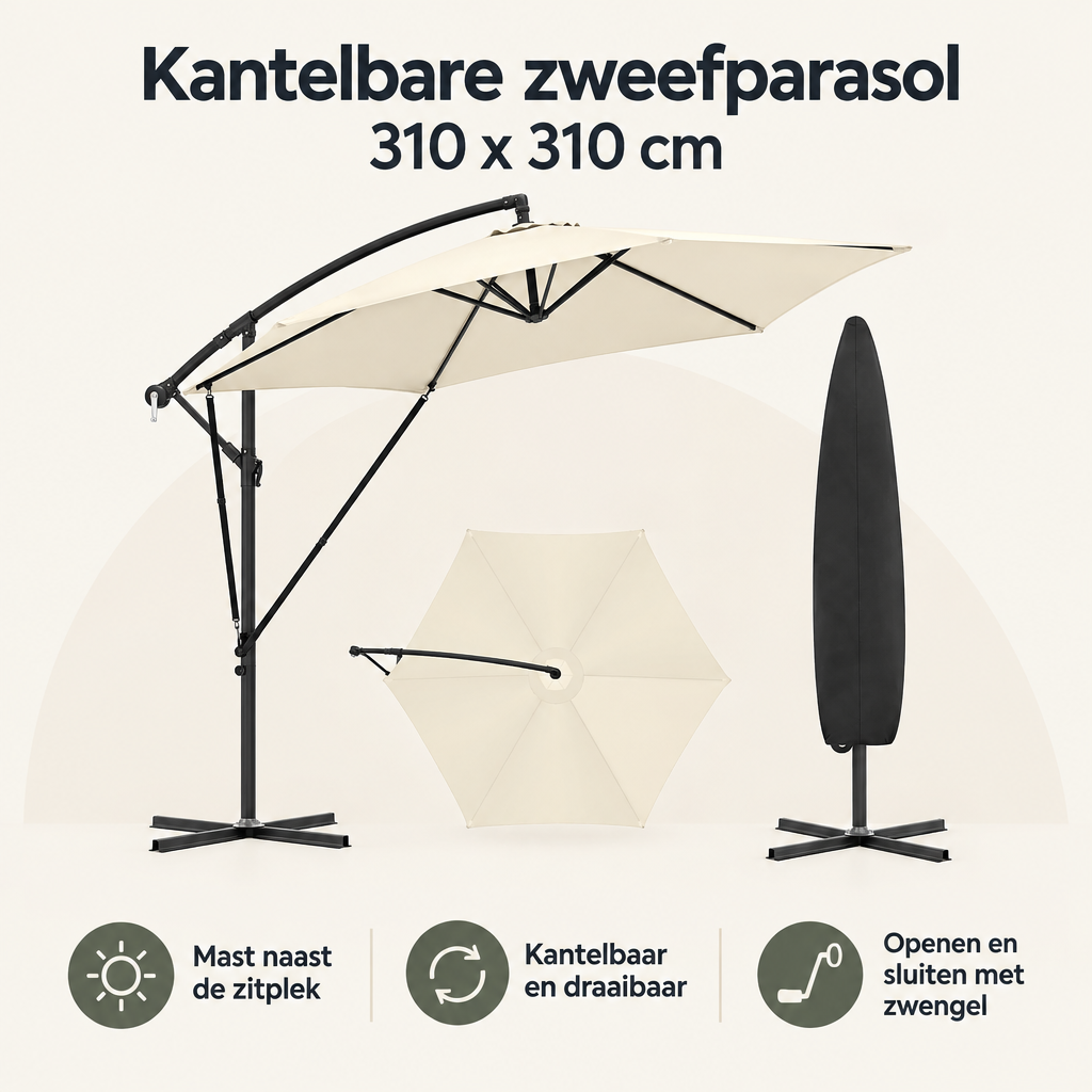 Overzicht van kantelbare zweefparasol met de belangrijkste productvoordelen