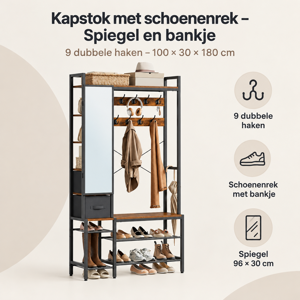 Overzicht van kapstok met schoenenrek met de belangrijkste productvoordelen