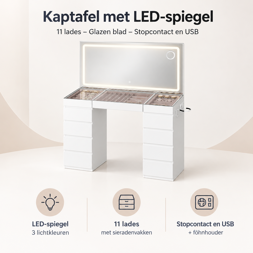 Overzicht van kaptafel met LED-spiegel met de belangrijkste productvoordelen