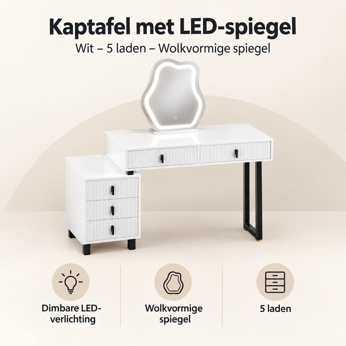 Overzicht van kaptafel met LED-spiegel met de belangrijkste productvoordelen