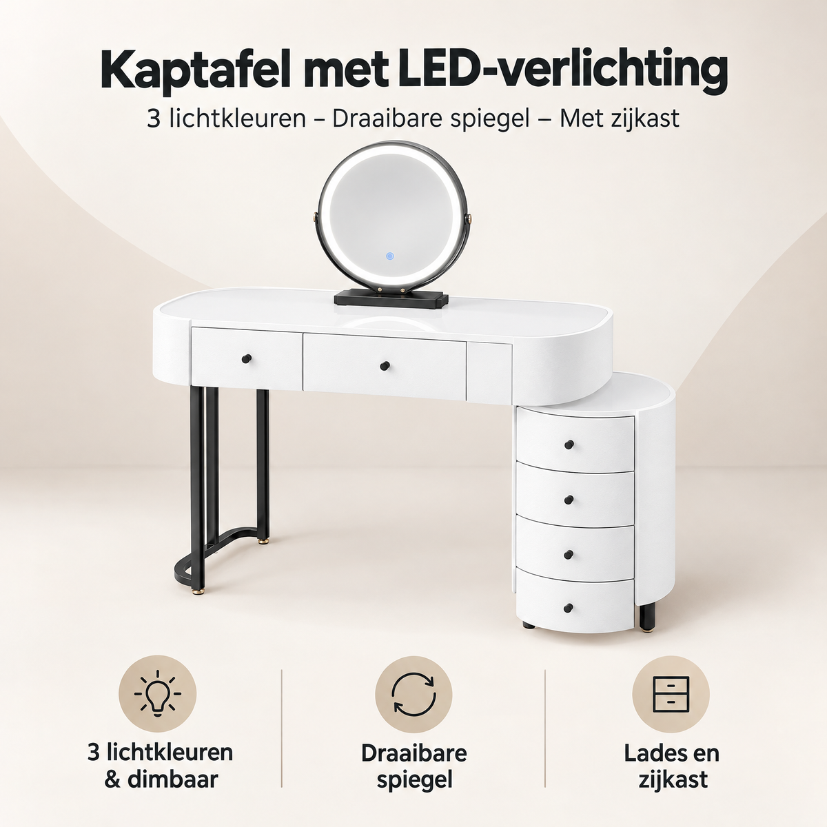 Overzicht van kaptafel met LED-verlichting met de belangrijkste productvoordelen