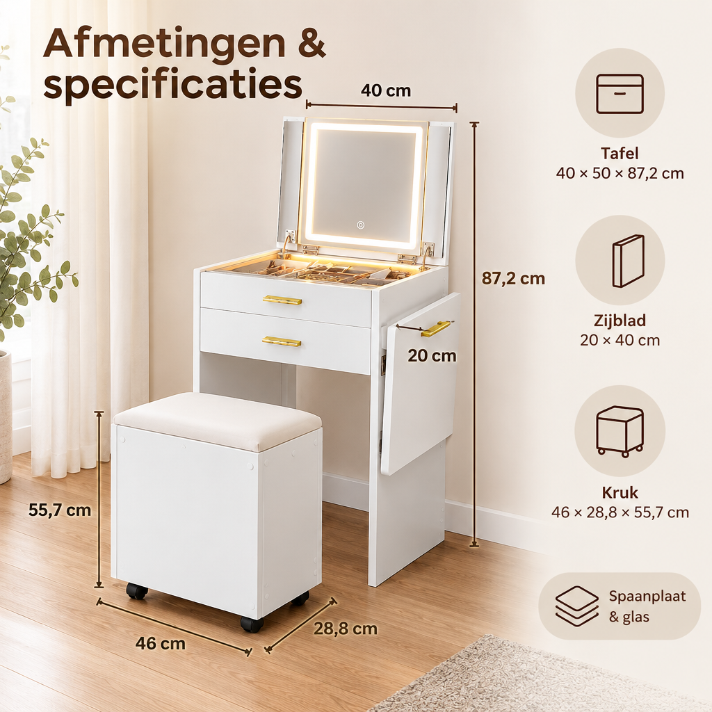 Afmetingen en productspecificaties van kaptafel met ledspiegel