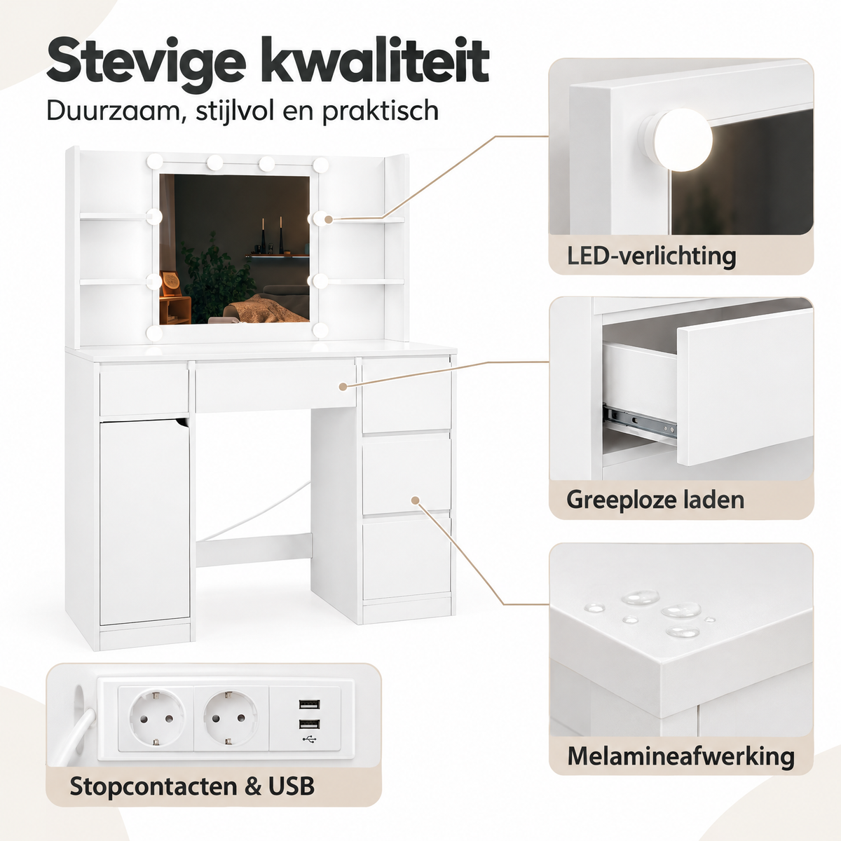 Detail van materiaal en afwerking van kaptafel met spiegel en verlichting