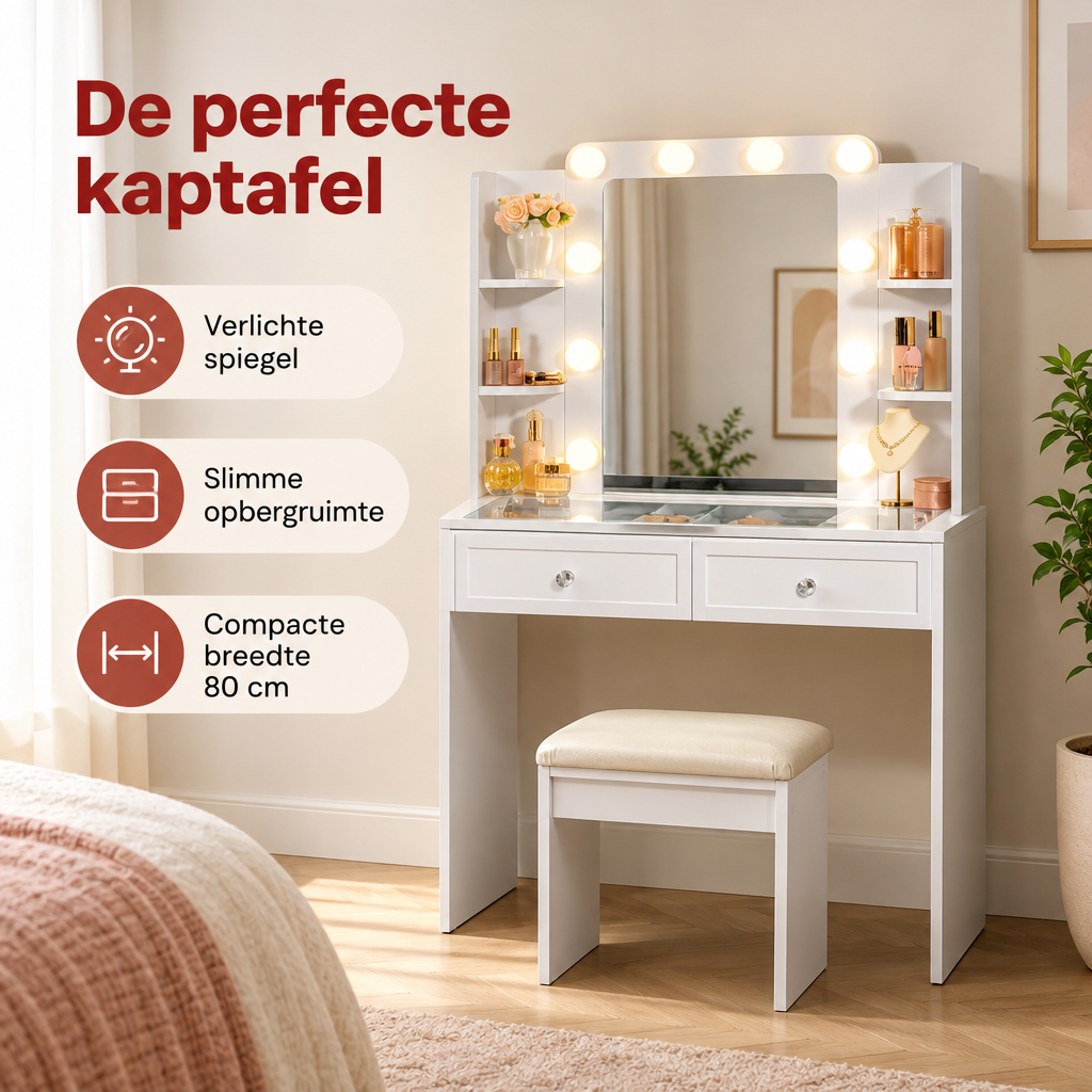 Praktische toepassing en keuzehulp voor kaptafel met spiegel en verlichting