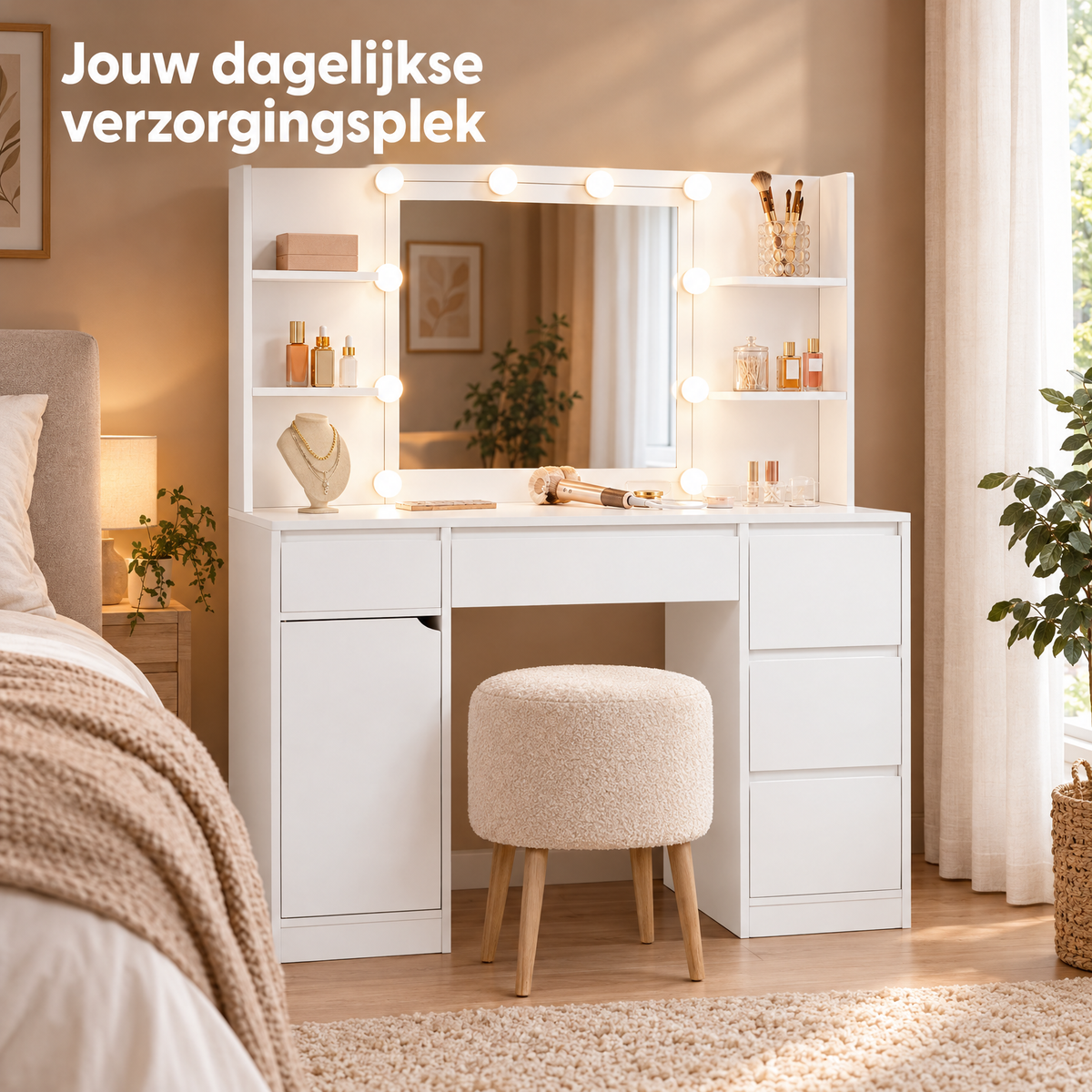 kaptafel met spiegel en verlichting in gebruik in een passende praktijksituatie