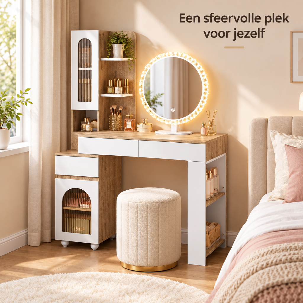 kaptafel met spiegel en verlichting in gebruik in een passende praktijksituatie