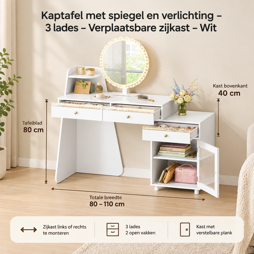 Afmetingen en productspecificaties van kaptafel met spiegel en verlichting