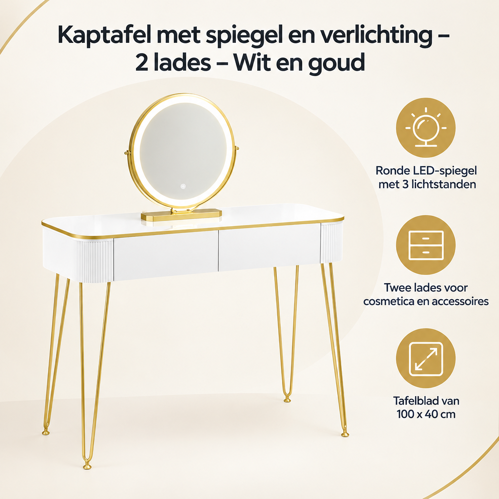Overzicht van kaptafel met spiegel en verlichting met de belangrijkste productvoordelen