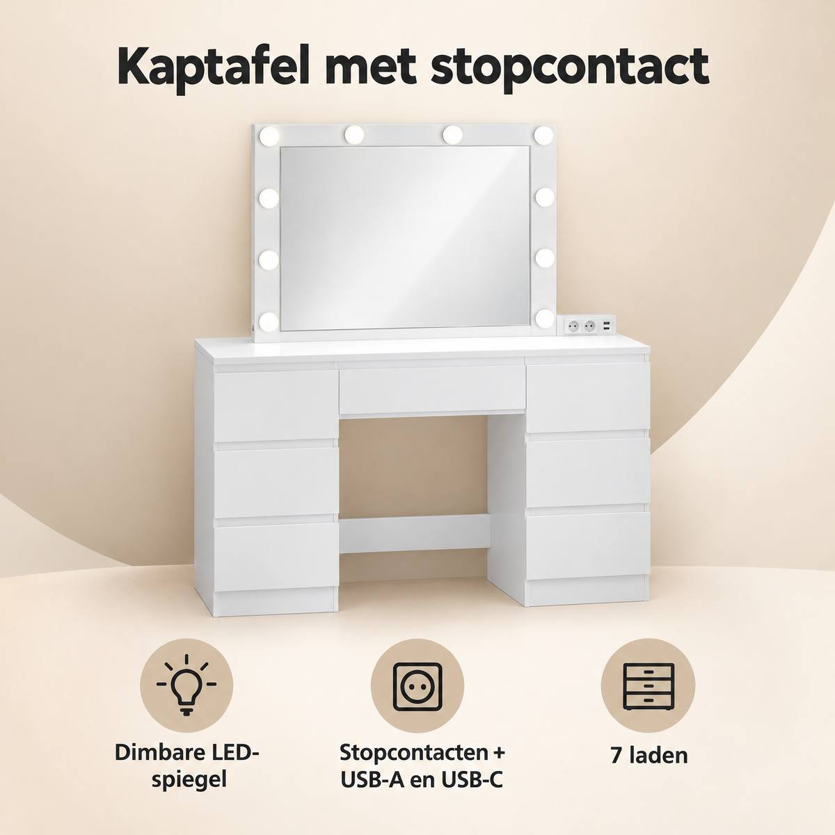 Overzicht van kaptafel met stopcontact met de belangrijkste productvoordelen
