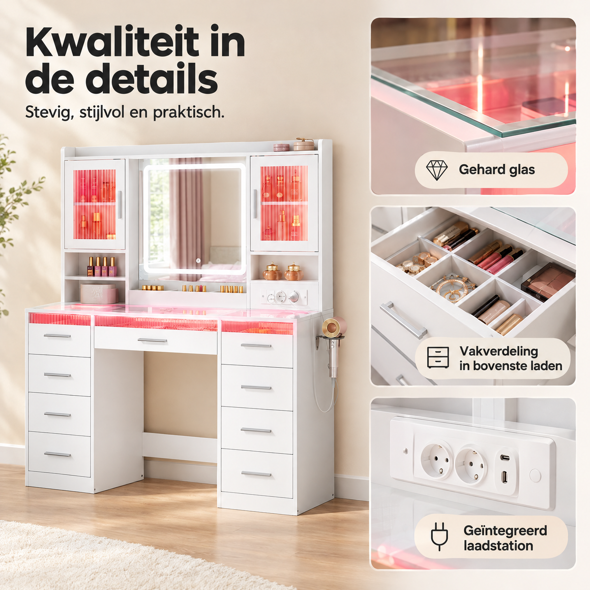 Detail van materiaal en afwerking van kaptafel met verlichting