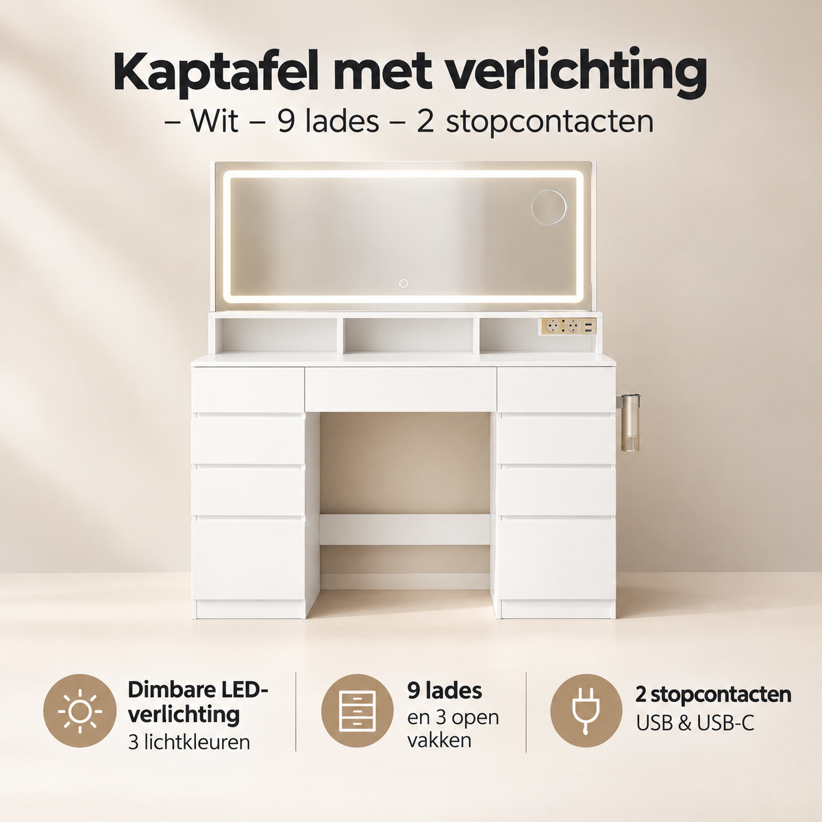 Overzicht van kaptafel met verlichting met de belangrijkste productvoordelen