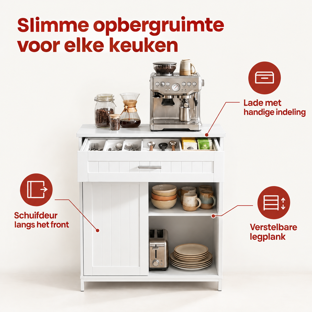BukkitBow keukenkast met schuifdeur, inclusief lade en open vakken, 70 cm breed en 30 cm diep, voor praktische keukenopslag.