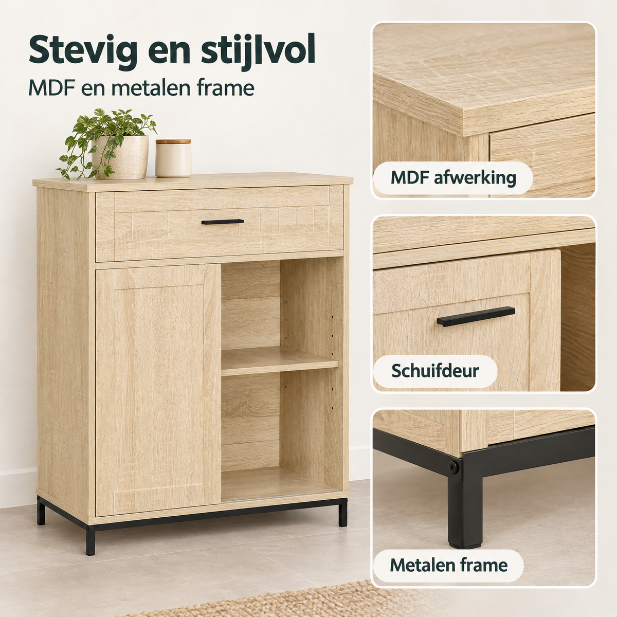 BukkitBow keukenkast met schuifdeur, lade en open vakken, 70 cm breed en 30 cm diep, gedetailleerde materiaalweergave