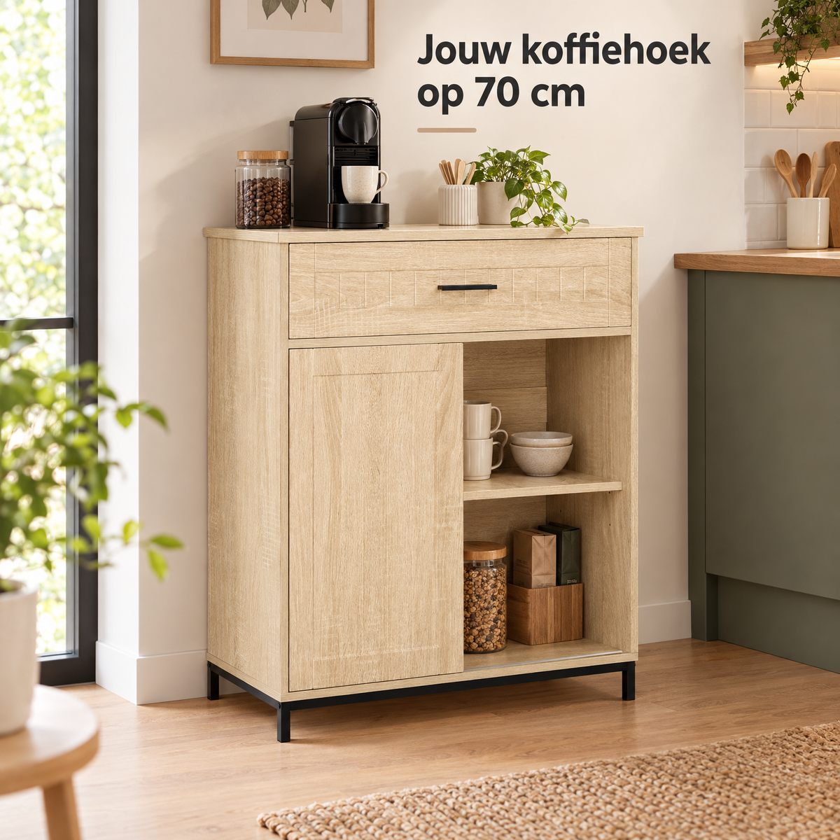 BukkitBow keukenkast met schuifdeur, lade en open vakken, 70 cm breed en 30 cm diep, in een moderne keuken setting
