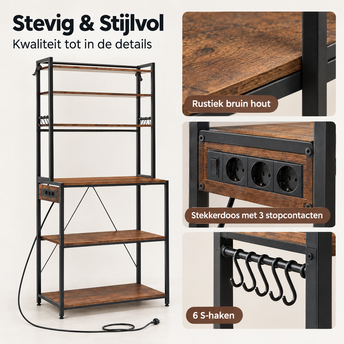 Detail van materiaal en afwerking van keukenrek met stopcontact