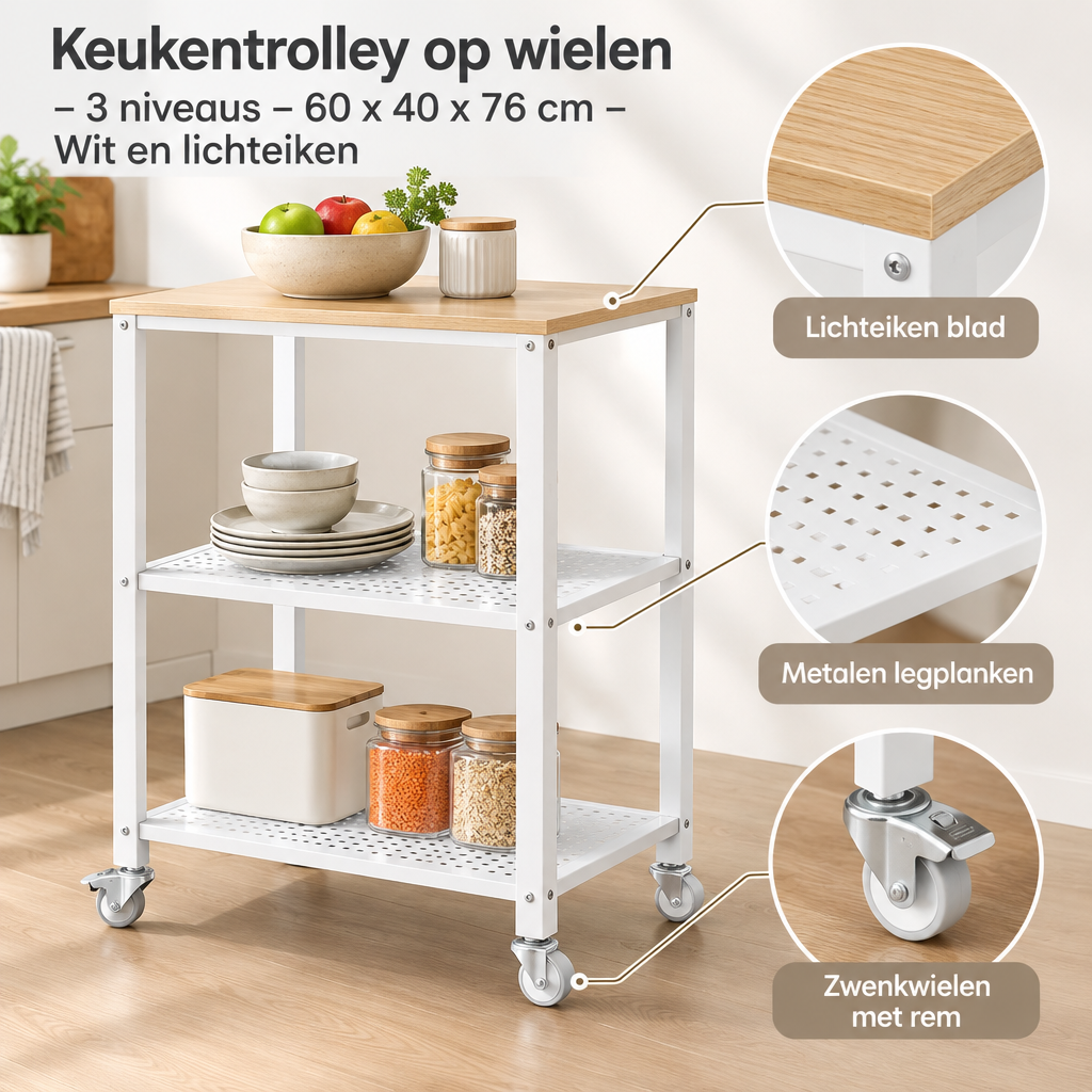 Detail van materiaal en afwerking van keukentrolley op wielen
