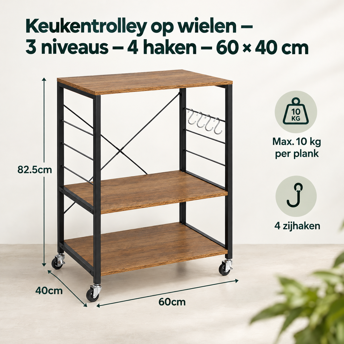Afmetingen en productspecificaties van keukentrolley op wielen