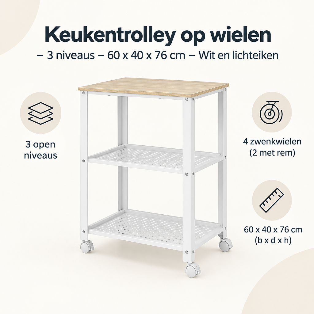 Overzicht van keukentrolley op wielen met de belangrijkste productvoordelen