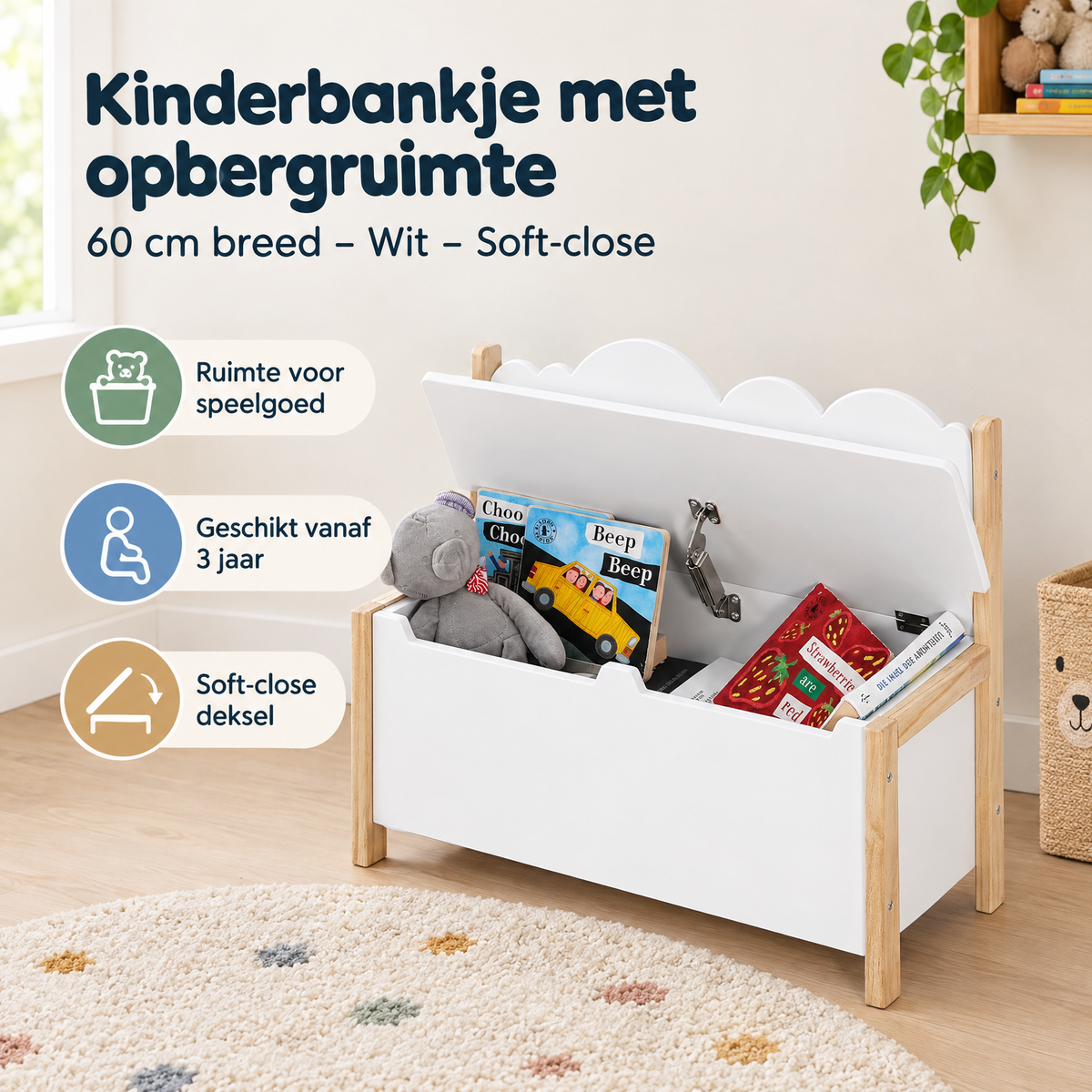Wit kinderbankje met opbergruimte van BukkitBow, 60 cm breed, inclusief soft-close deksel, praktisch en stevig voor kinderen.