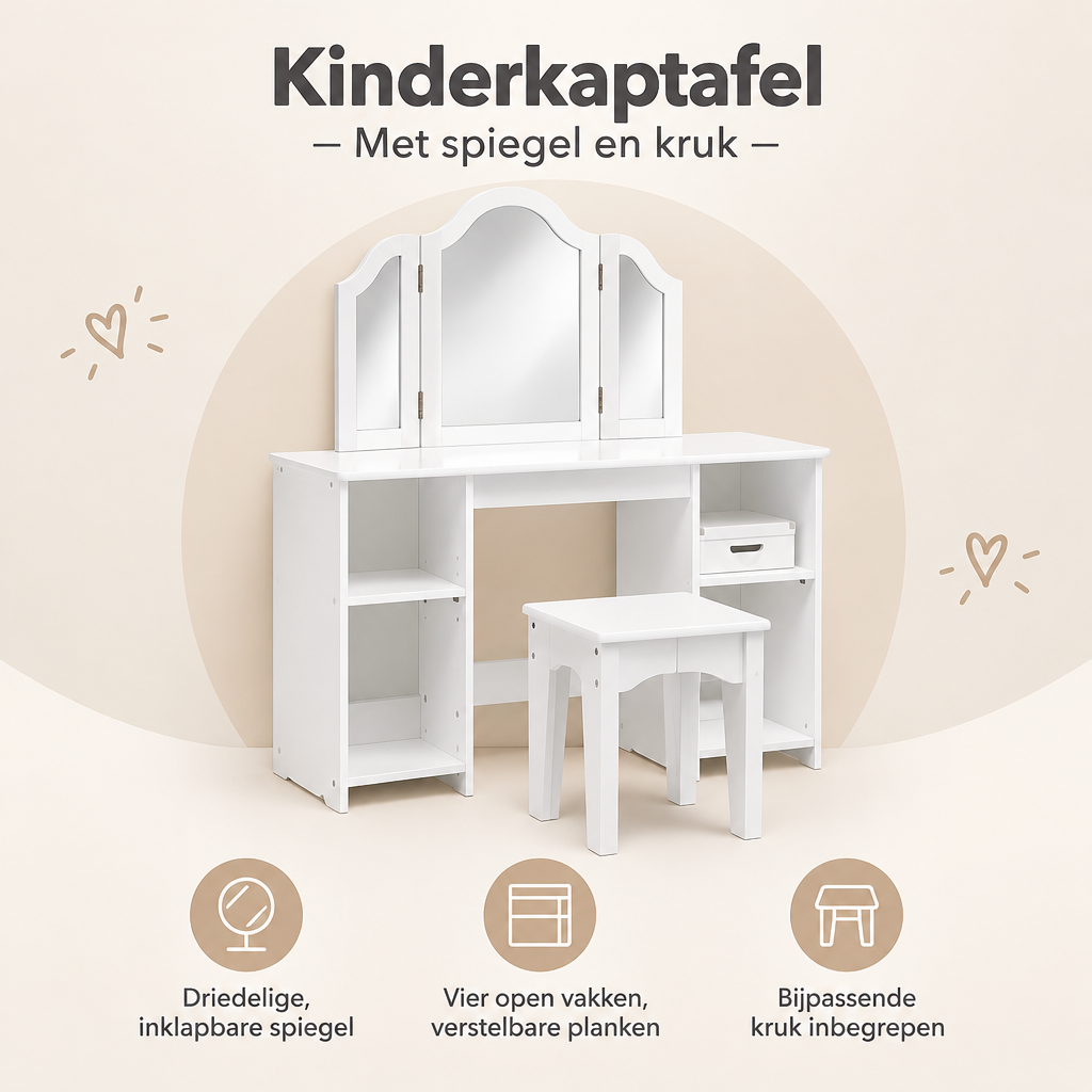 Overzicht van kinderkaptafel met de belangrijkste productvoordelen