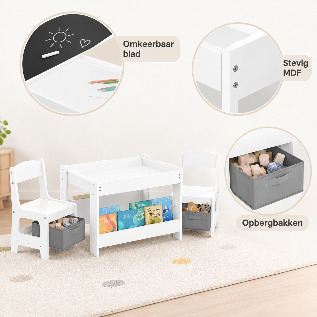 Detail van materiaal en afwerking van kindertafel met 2 stoelen