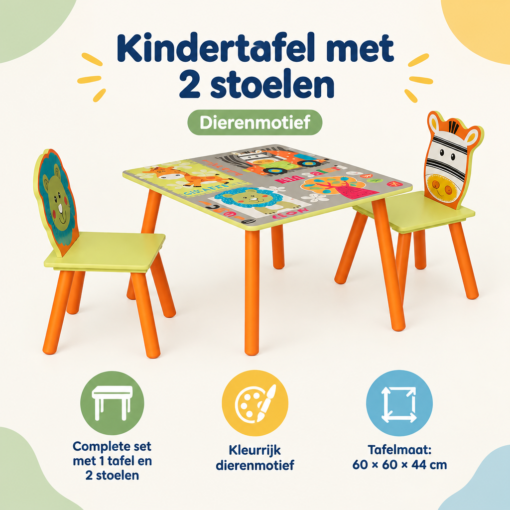 Overzicht van kindertafel met 2 stoelen met de belangrijkste productvoordelen
