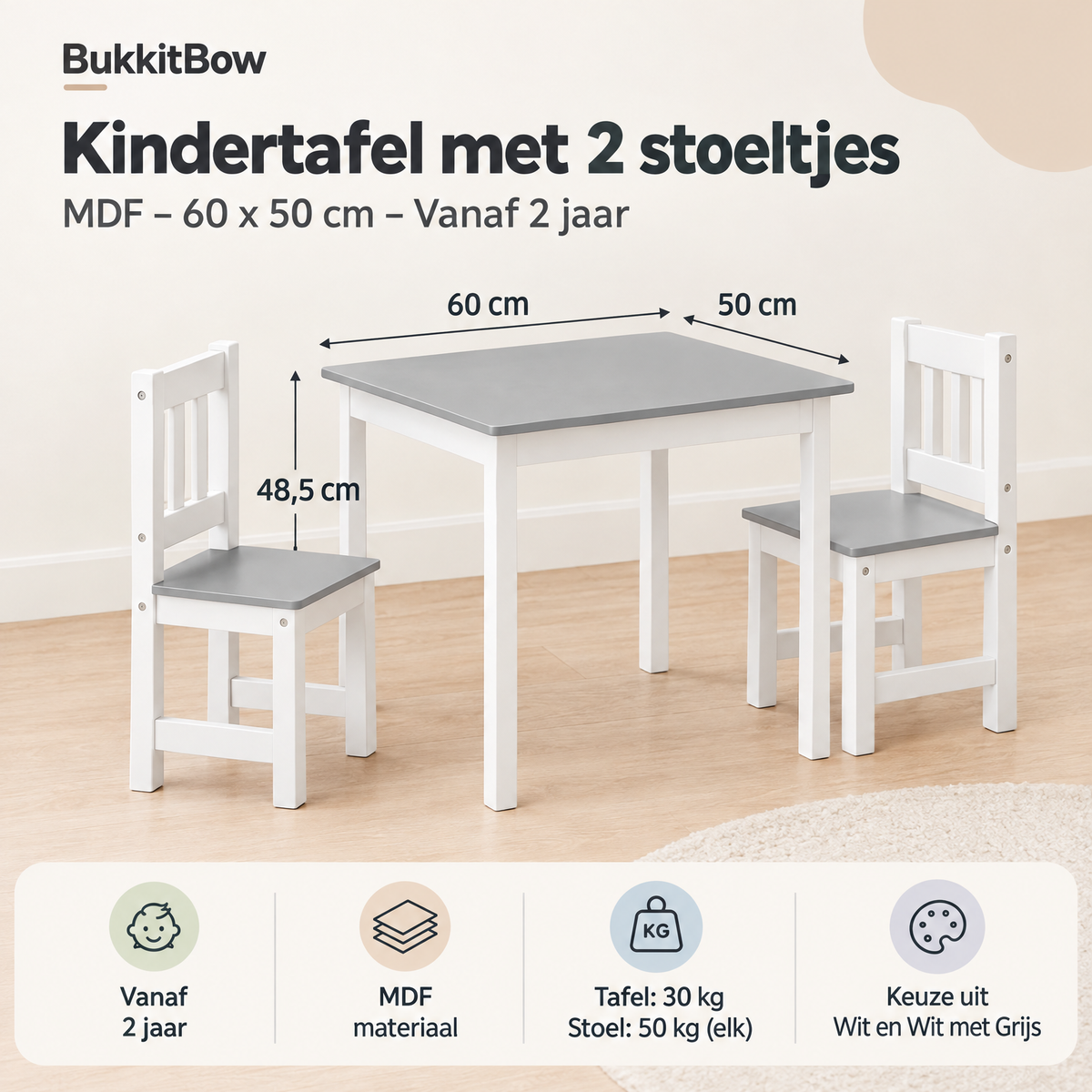 Kindertafel met 2 stoeltjes van MDF, 60x50 cm, geschikt voor kinderen vanaf 2 jaar, door BukkitBow